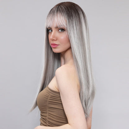 [Silver Mirage 2.0] 24-inch Ombre Grey Straight with Bangs (Synthetic Wig)