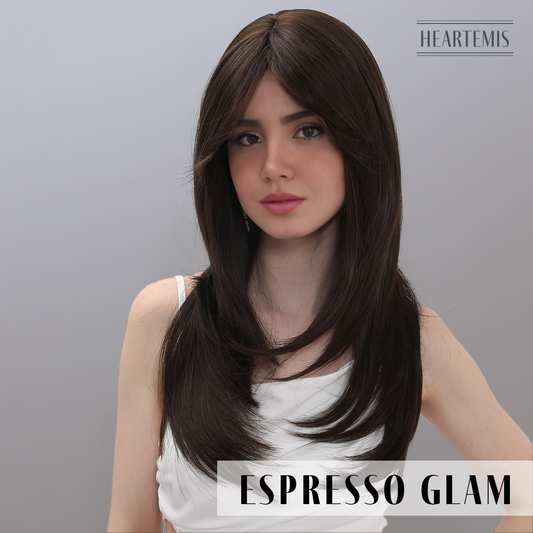 [Espresso Glam] 22-inch Dark Brown Straight with Bangs (Synthetic Wig)