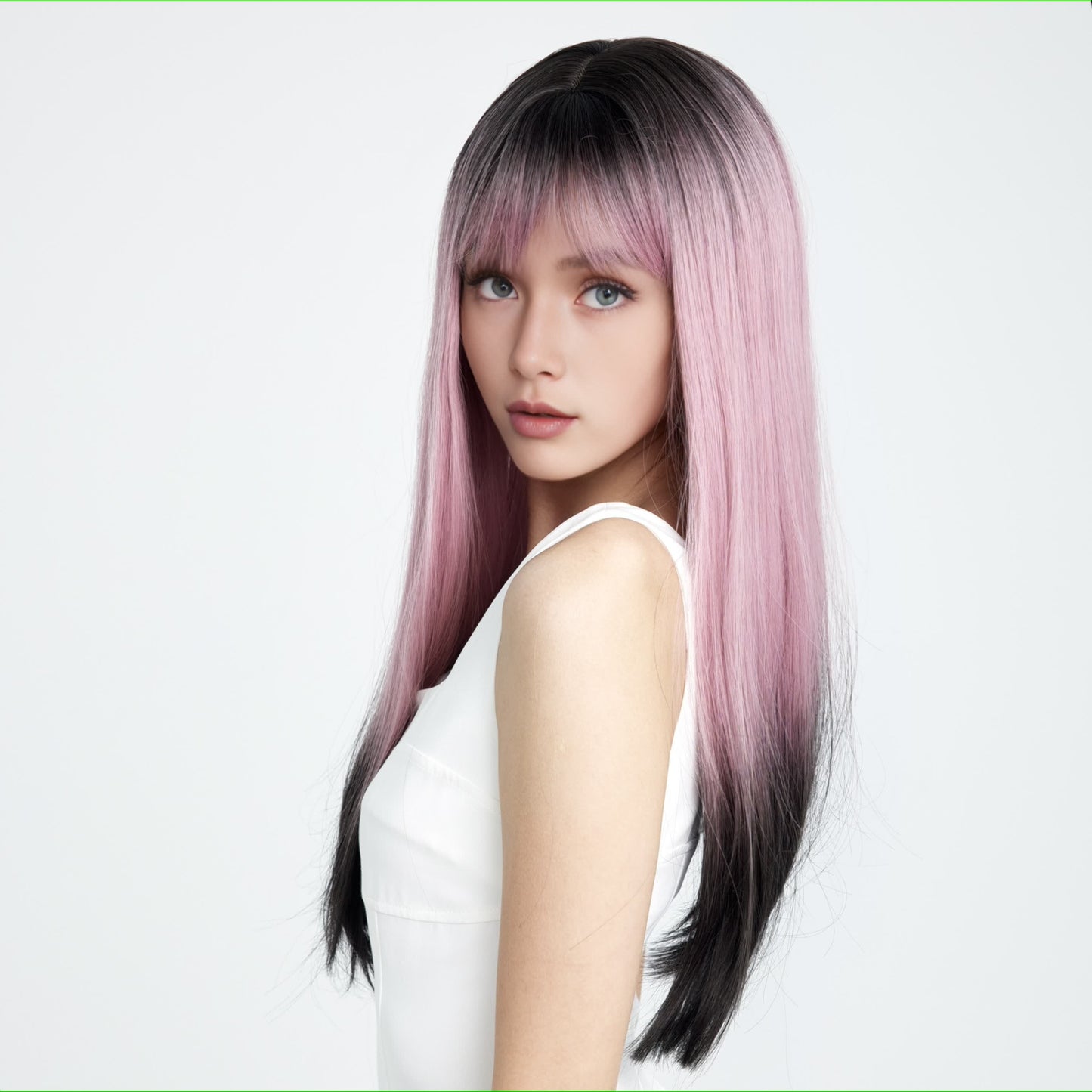 [Night Sky] 24-inch Ombre Black Pink Straight with Bangs (Synthetic) (Synthetic Wig)