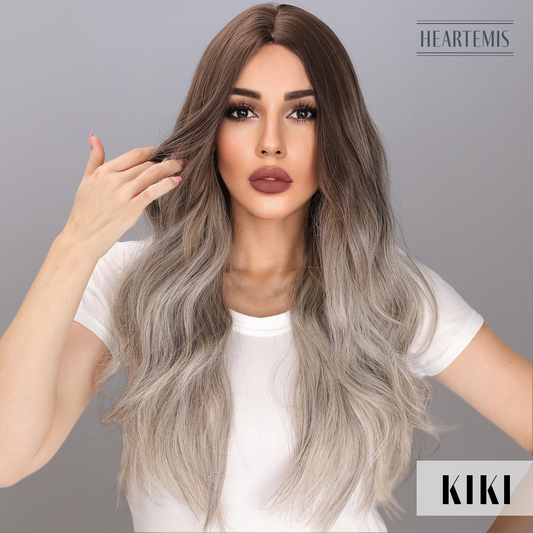 [KiKi] 24-inch Ombre Grey Brown Loose Wave without Bangs (Synthetic Wig)