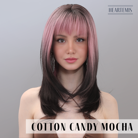 [Cotton Candy Mocha] 20-inch Ombre Brown Pink Straight with Bangs (Synthetic Wig)