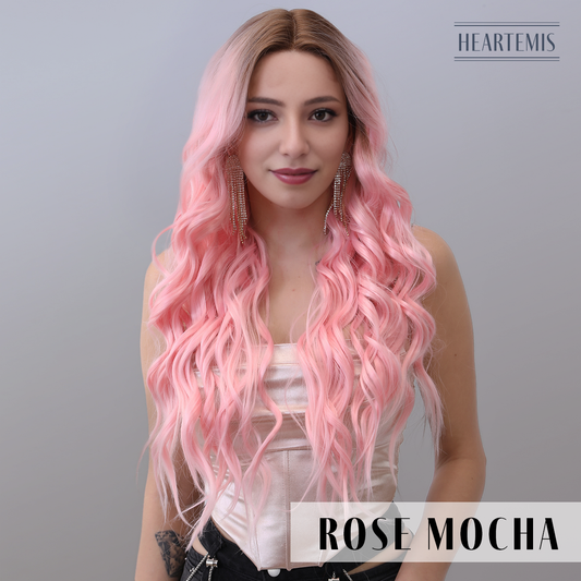 [Rose Mocha] 26-inch Ombre Pink Loose Wave without Bangs (Synthetic Lace Front Wig)