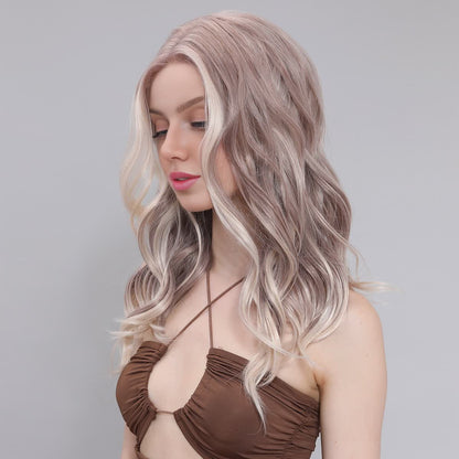 [Pink Marshmallow] 24-inch Ombre Pink Blonde Loose Wave without Bangs (Synthetic Lace Front Wig)