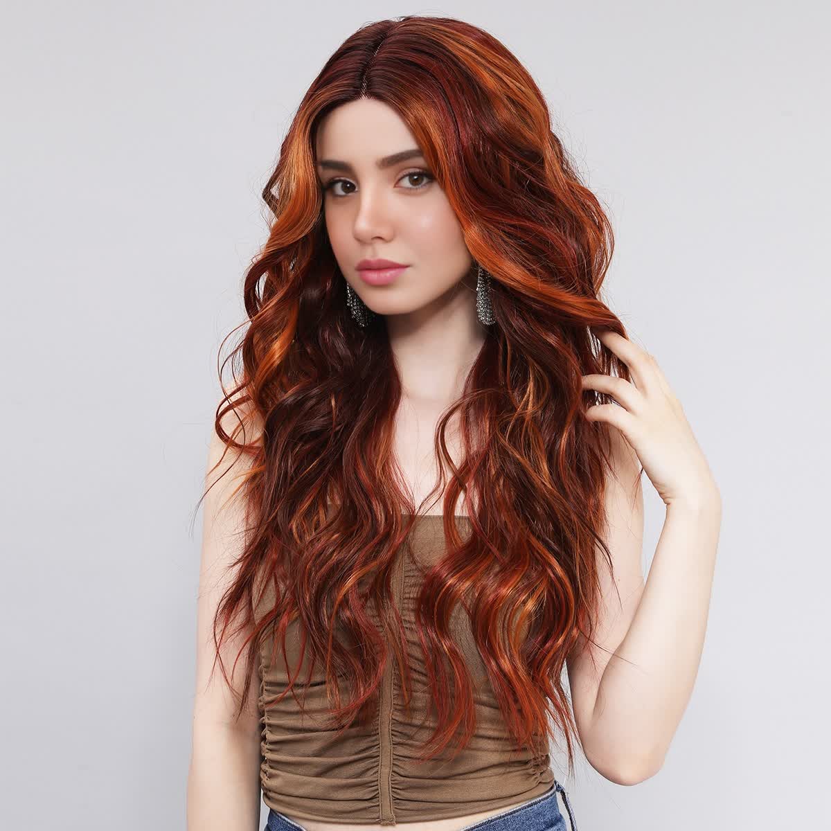 [Lava Fusion] 28-inch Ombre Red Brown Loose Wave without Bangs (Synthetic Lace Front Wig)