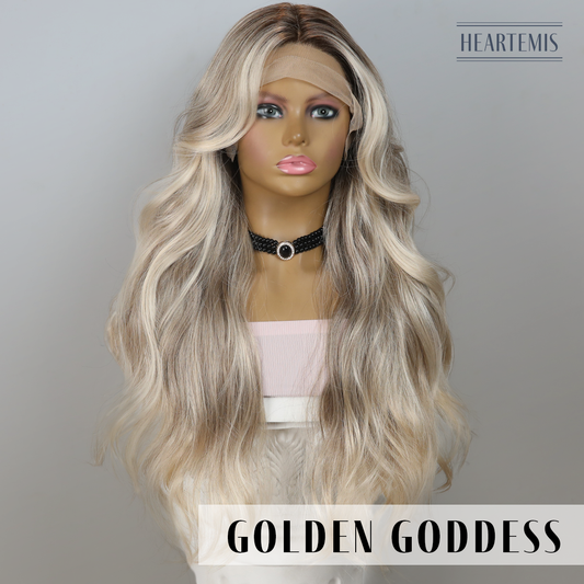 [Golden Goddess] 22-inch Ombre Brown Blonde Loose Wave without Bangs (Synthetic Lace Front Wig)