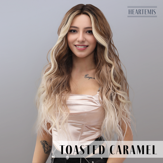 [Toasted Caramel] 28-inch Ombre Brown White Gold Loose Wave without Bangs (Synthetic Lace Front Wig)