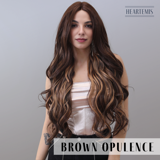 [Brown Opulence] 32-inch Ombre Brown Loose Wave without Bangs (Synthetic Lace Front Wig)