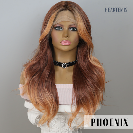 [Phoenix] 20-inch Ombre Red Orange Loose Wave without Bangs (Synthetic Lace Front Wig)