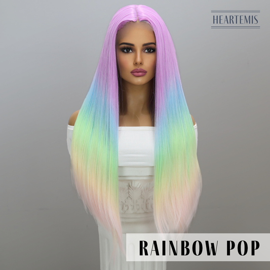 [Rainbow Pop] 26-inch Ombre Neon Rainbow Straight without Bangs (Synthetic Lace Front Wig)
