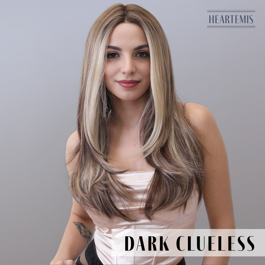 [Dark Clueless] 22-inch Ombre Brown White Gold Straight without Bangs (Synthetic Lace Front Wig)