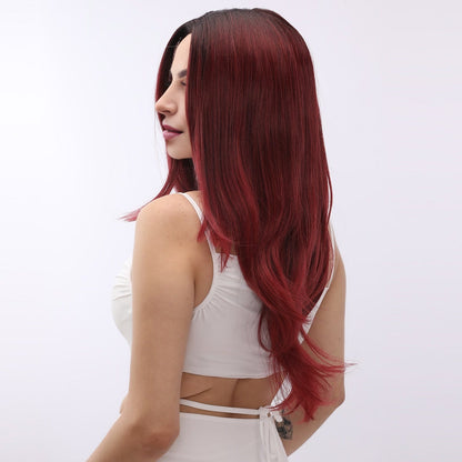 [Coral] 24-inch Wine Red Loose Wave without Bangs (Synthetic Lace Front Wig)