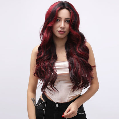 [Crimson Noir] 30-inch Ombre Black Red Loose Wave without Bangs (Synthetic Lace Front Wig)