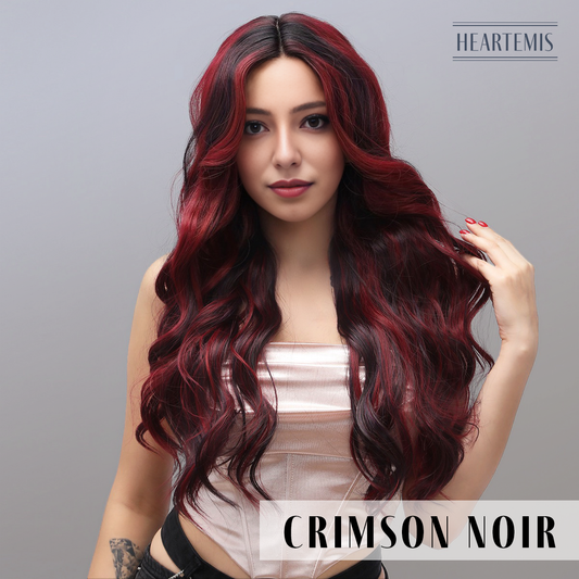 [Crimson Noir] 30-inch Ombre Black Red Loose Wave without Bangs (Synthetic Lace Front Wig)