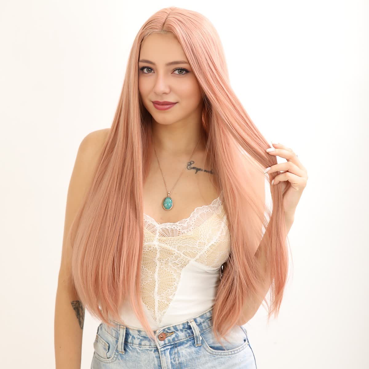 [Dahlia] 28-inch Pink Straight without Bangs (Synthetic Lace Front Wig)
