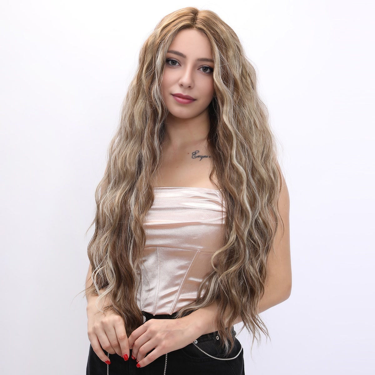 [Galadriel] 32-inch Ombre White Gold Brown Curly without Bangs (Synthetic Lace Front Wig)
