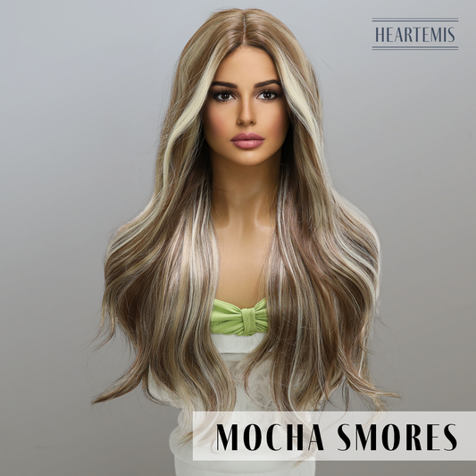 [Mocha Smores] 26-inch Ombre Brown White Loose Wave without Bangs (Synthetic Lace Front Wig)