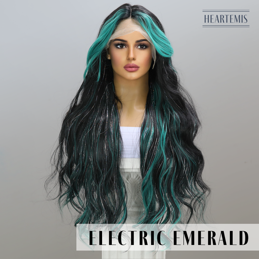 [Electric Emerald] 30-inch Ombre Blue Black Loose Wave without Bangs (Synthetic Lace Front Wig)