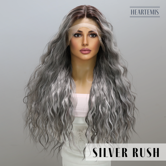 [Silver Rush] 26-inch Ombre Brown Grey Loose Wave without Bangs (Synthetic Lace Front Wig)
