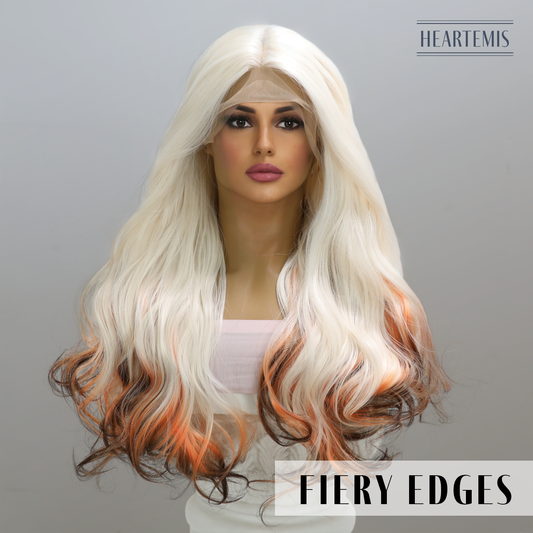 [Fiery Edges] 28-inch Ombre White Orange Loose Wave without Bangs (Synthetic Lace Front Wig)