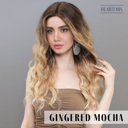 [Gingered Mocha] 22-inch Ombre Brown Blonde Loose Wave without Bangs (Synthetic Lace Front Wig)