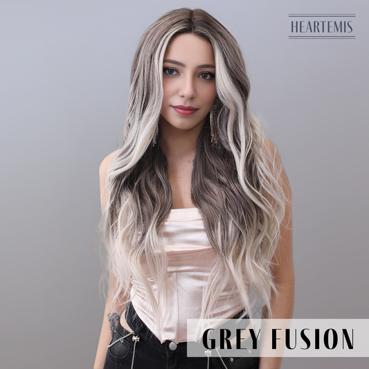 [Grey Fusion] 26-inch Ombre Brown White Loose Wave without Bangs (Synthetic Lace Front Wig)