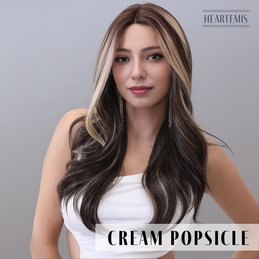 [Cream Popsicle] 24-inch Ombre Brown Blonde Loose Wave without Bangs (Synthetic Lace Front Wig)