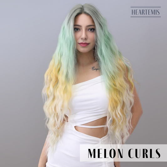 [Melon Curls] 30-inch Ombre Blue Blonde Loose Wave without Bangs (Synthetic Lace Front Wig)