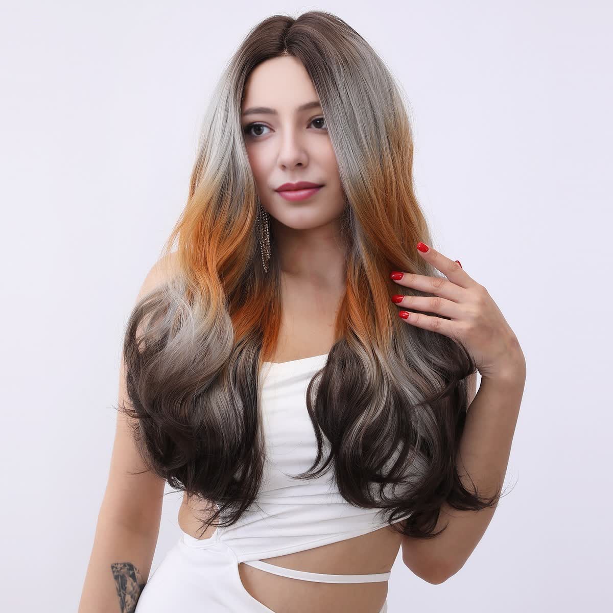 [Auburn Admist] 22-inch Ombre Brown Orange Loose Wave without Bangs (Synthetic Lace Front Wig)