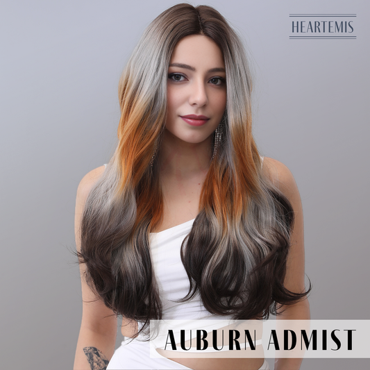 [Auburn Admist] 22-inch Ombre Brown Orange Loose Wave without Bangs (Synthetic Lace Front Wig)