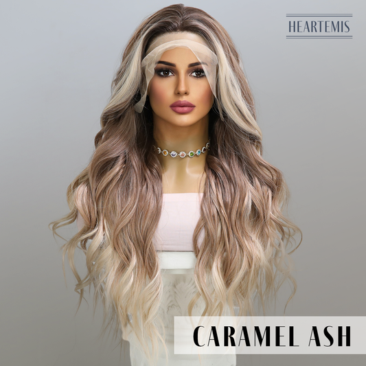 [Caramel Ash] 28-inch Ombre Brown Blonde Loose Wave without Bangs (Synthetic Lace Front Wig)