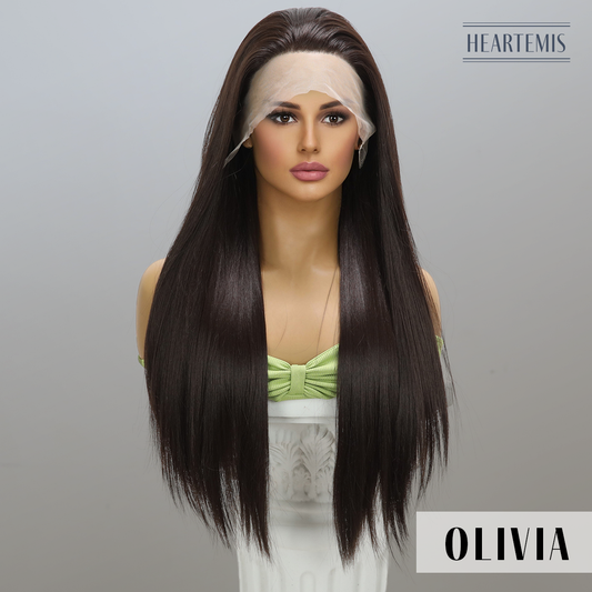 [Olivia] 28-inch Brown Straight without Bangs (Synthetic Lace Front Wig)