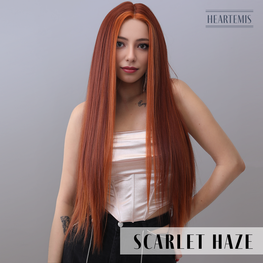 [Scarlet Haze] 32-inch Orange Straight without Bangs (Synthetic Lace Front Wig)