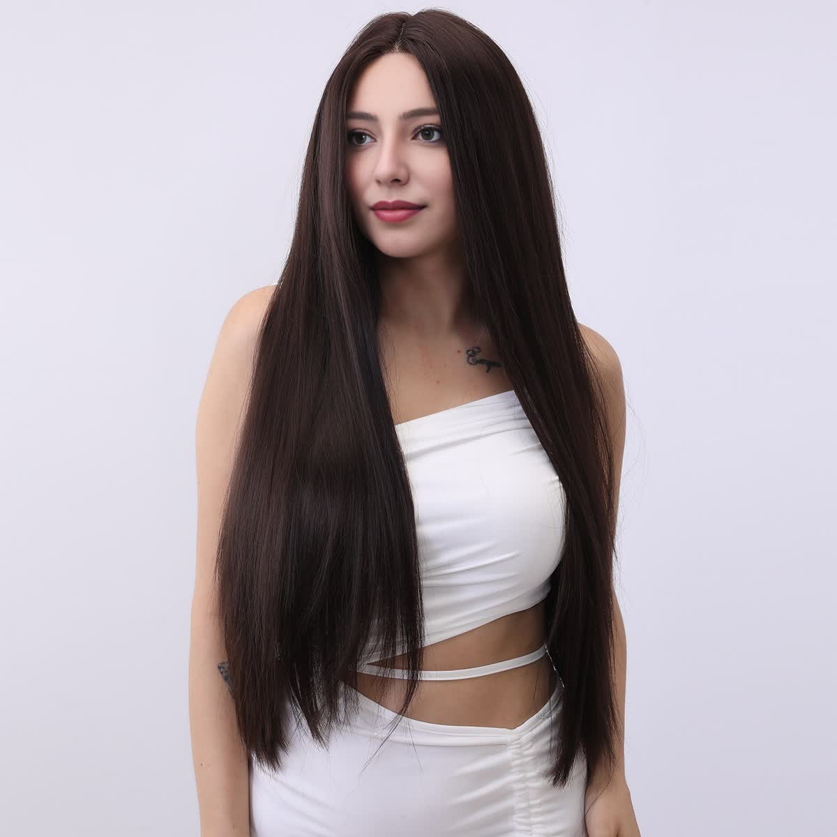 [Ebony Enigma] 34-inch Brown Straight without Bangs (Synthetic Lace Front Wig)