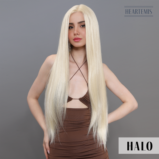 [Halo] 34-inch Blonde Straight without Bangs (Synthetic Lace Front Wig)