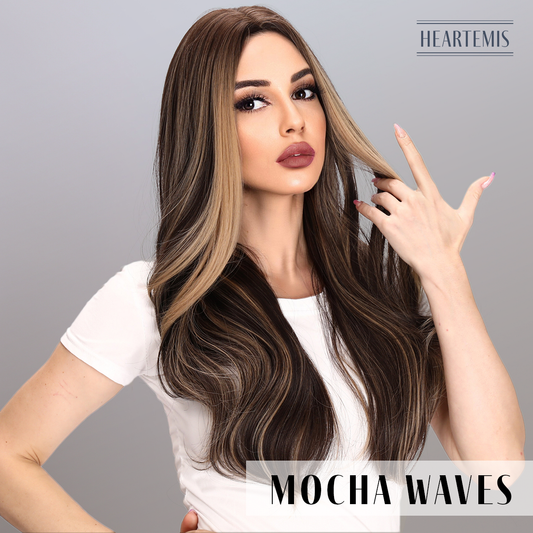 [Mocha Waves] 26-inch Ombre Brown Black Mix Curly without Bangs (Synthetic Wig)