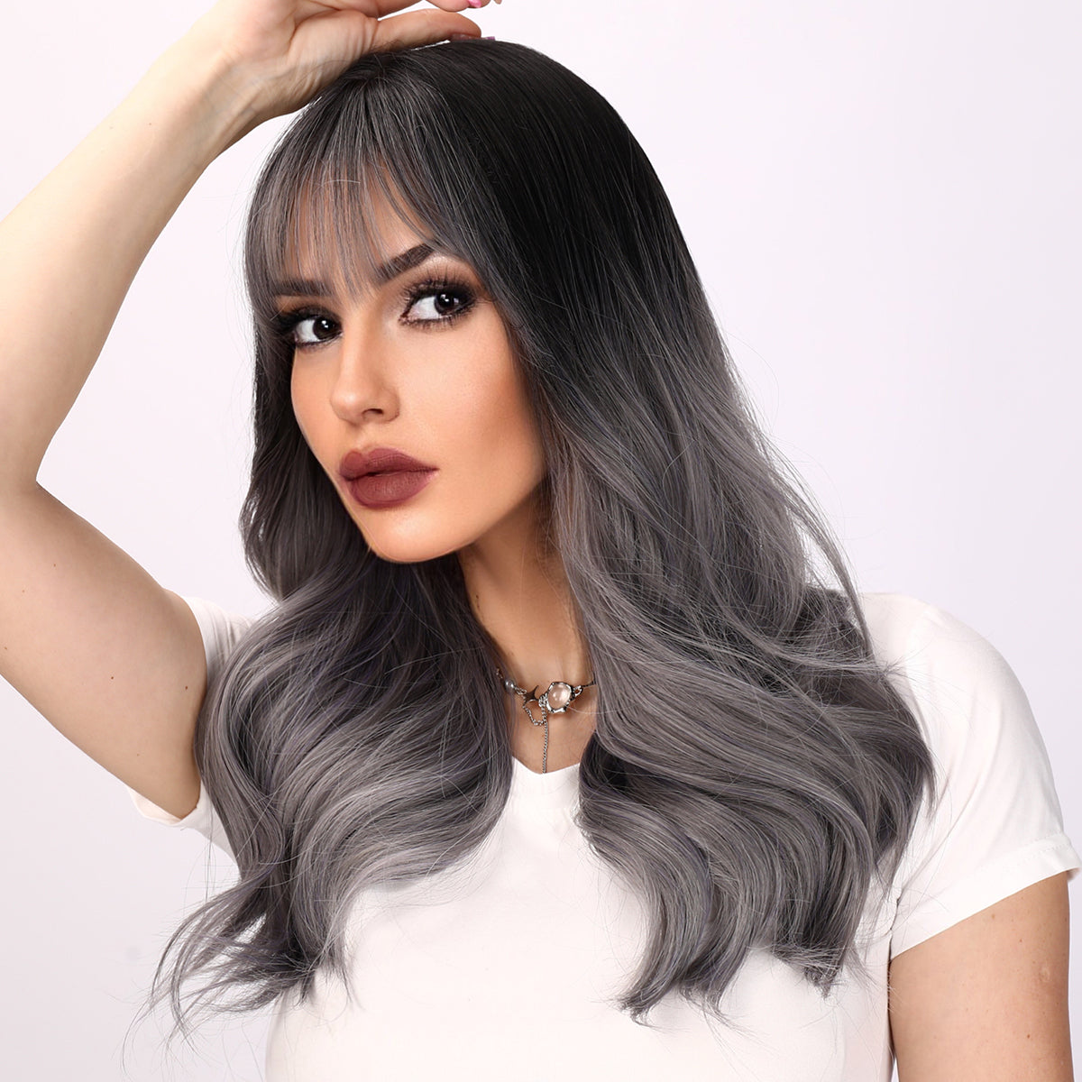[Charcoal Smoke] 22-inch Ombre Grey Loose Wave with Bangs (Synthetic Wig)