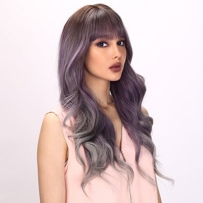 [Amethyst ] 28-inch Ombre Purple Loose Wave with Bangs (Synthetic Wig)