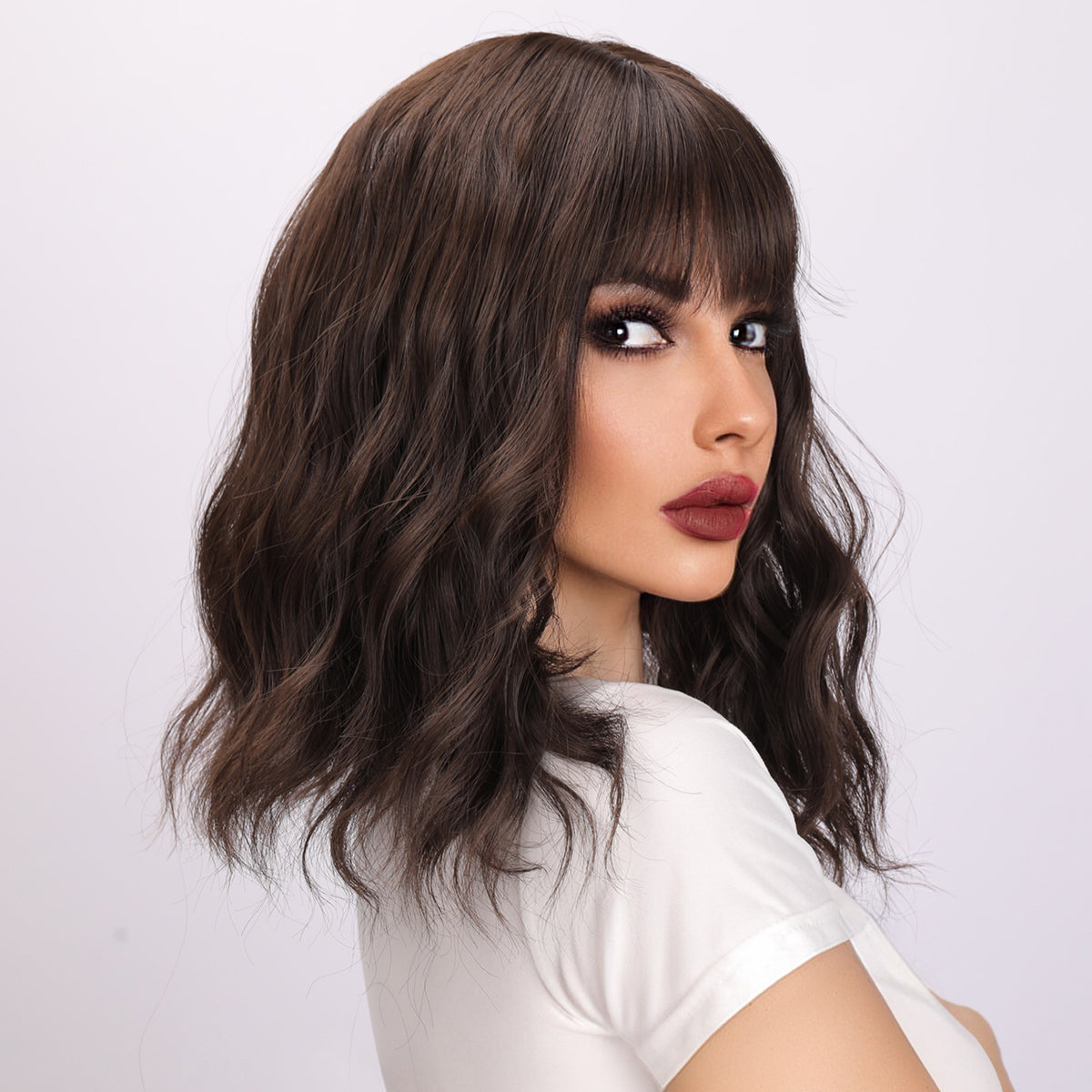 [The Baddie] 16-inch Brown Curly Bob with Bangs (Synthetic Wig)