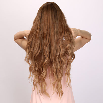 [Bethany] 30-inch Ombre Gold Orange Body Wave with Bangs (Synthetic Wig)