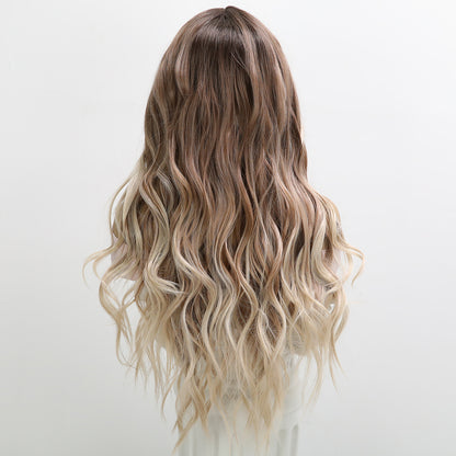 [Caramel Ash] 28-inch Ombre Brown Blonde Loose Wave without Bangs (Synthetic Lace Front Wig)